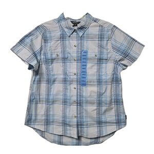 EDDIE BAUER Adventure UPF 50 Shirt Women's Lg Blue Plaid SS Moisture Wicking NWT